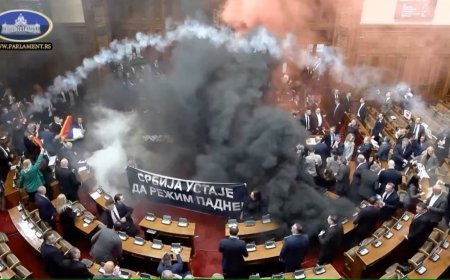 Chaos in Serbian Parliament: flares and smoke bombs interrupt session