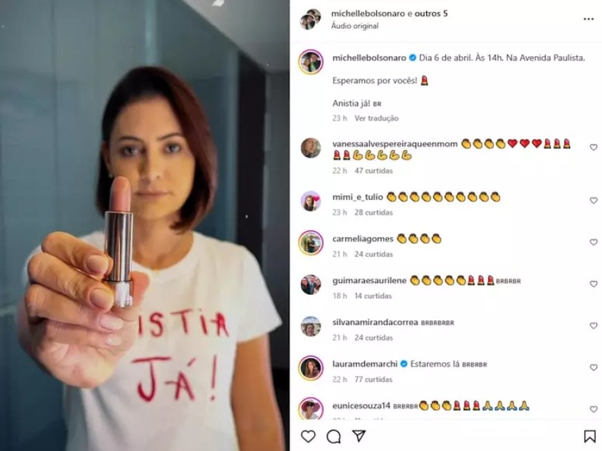 Michelle Bolsonaro takes lipstick from her pocket and agitates protesters on Paulista Avenue