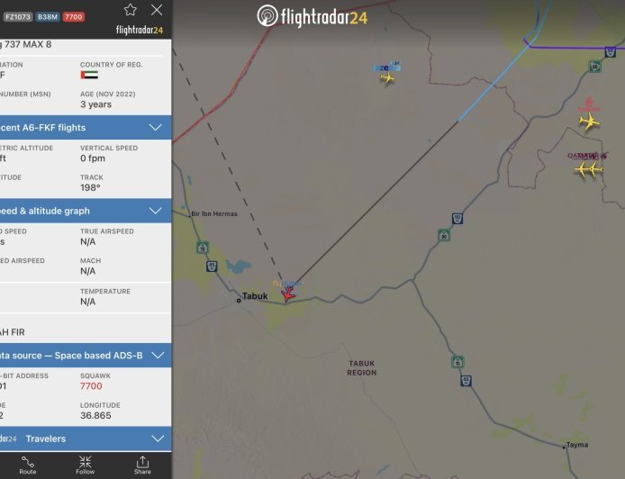 Flydubai FZ1073 squawks 7700 then 7500, then 7700 again; aircraft diverts to Tabuk